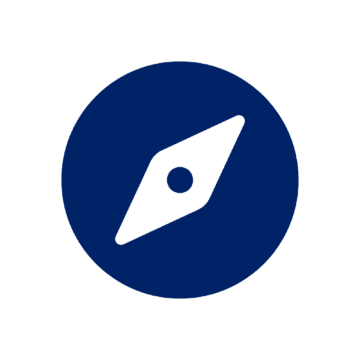 White compass needle icon on dark blue circle