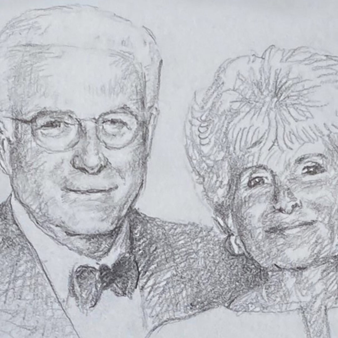 Pencil sketch portrait of an elderly couple smiling together